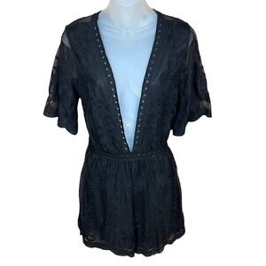 She + Sky Romper Lace Boho Deep V Neck Black Back Zip Closure Small